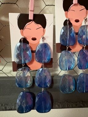 Blue Statement Dangle Earrings - Bold Faceted Resin Drops